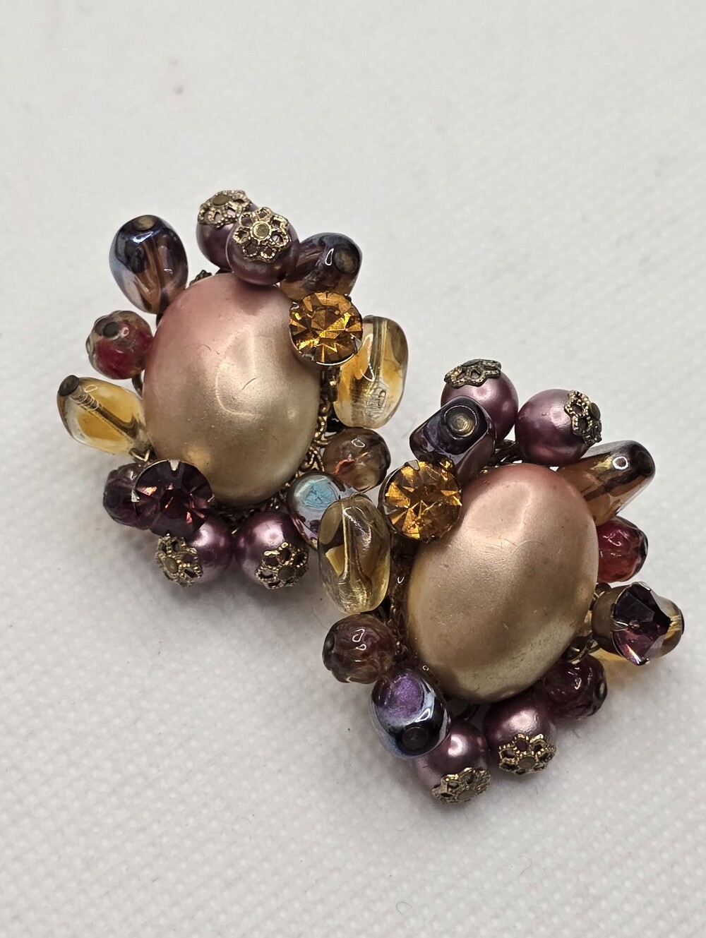 Vintage Alice Caviness Beaded Pearl Clip-on Earrings 1950s Chunky Beaded